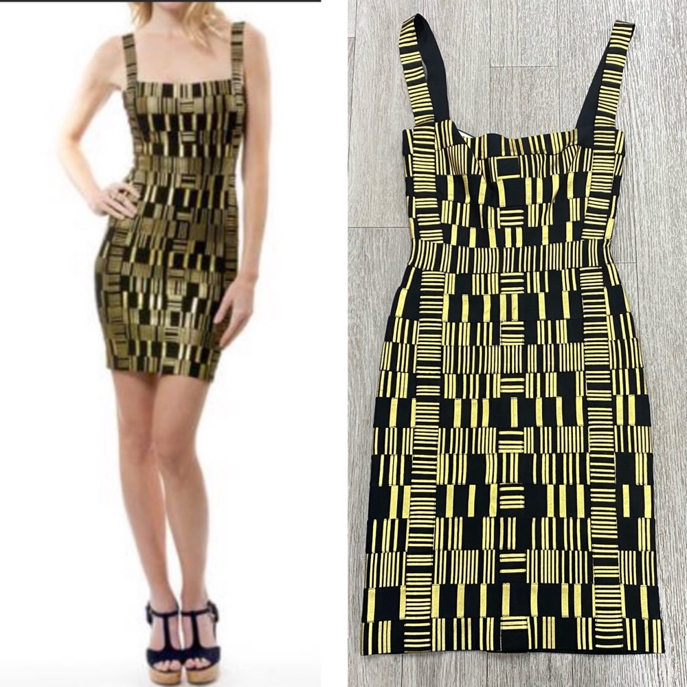 HERVE LEGER Bandage Foil Dress Black & Gold NWOT, Size S